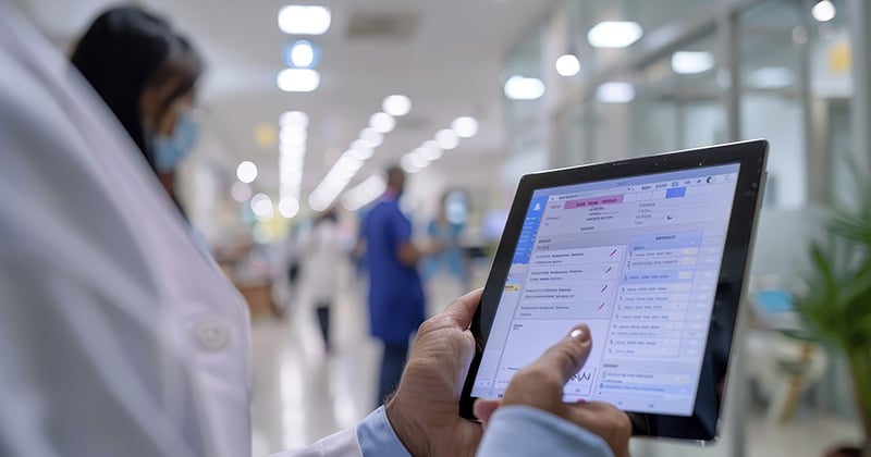 Healthcare provider reviewing patient chart on a tablet